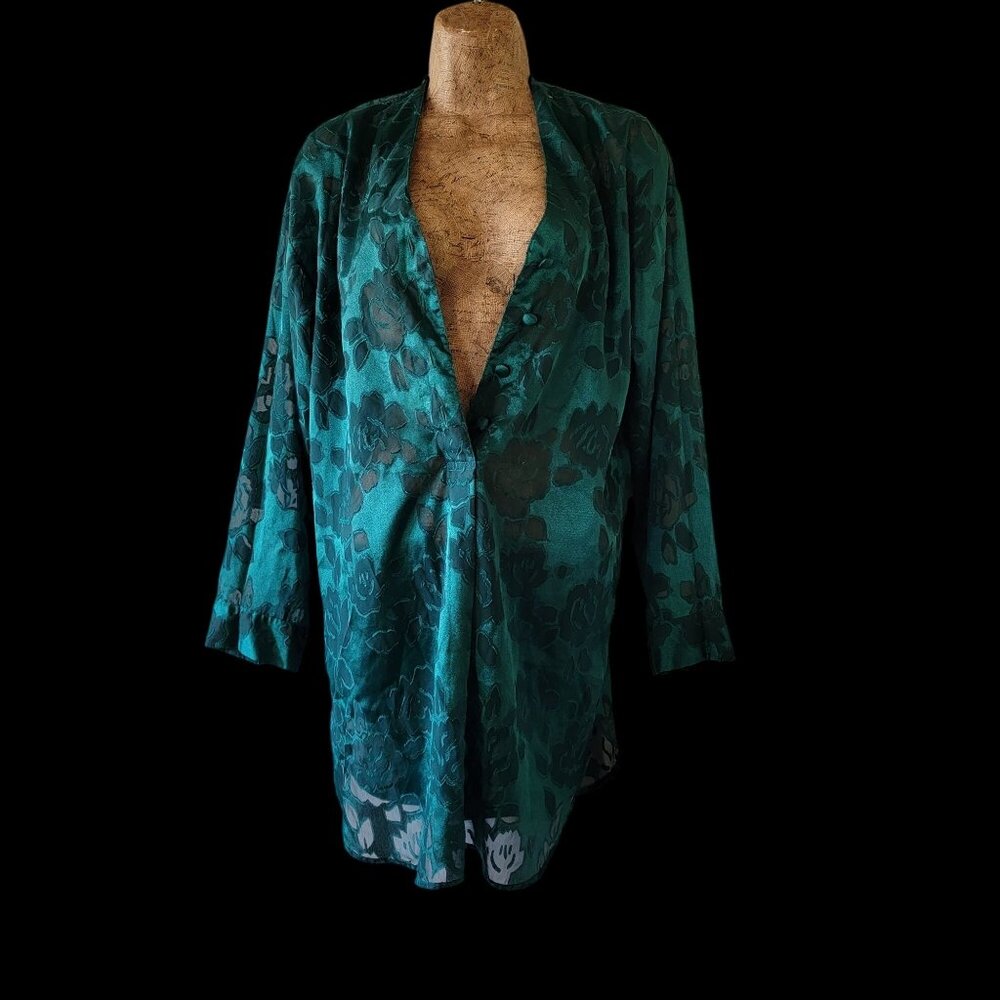 Vtg 90s Victoria Secret  Gold Label Jacquard Emerald Green Floral Sheer Teddy